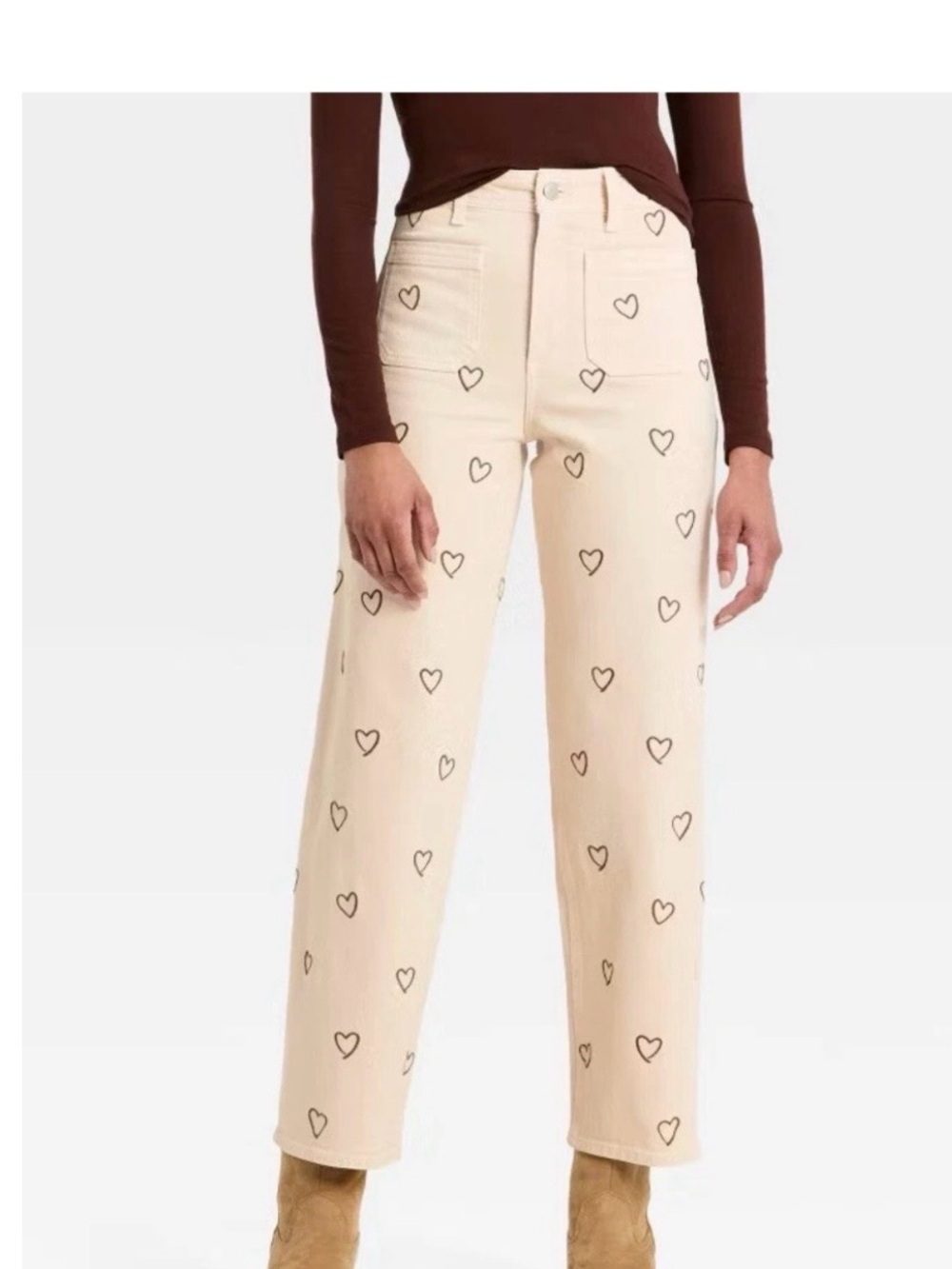 Sailor Straight Leg Heart Print Jeans - Cream & Black